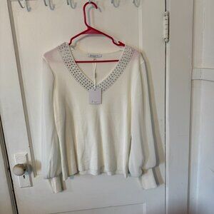 Eggshell V-neck sweater with jewel detail and sheer sleeves.  Size Large. NWT.